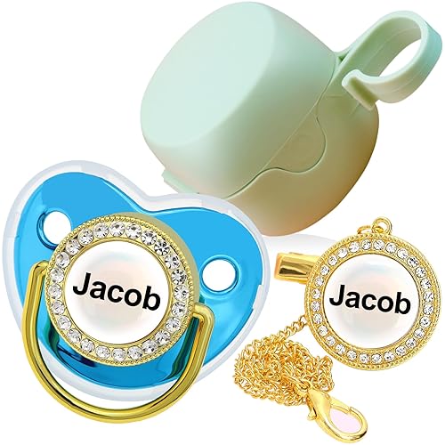 Miniatura 6 de Chupete personalizado con nombre, set de clip para chupete dorado brillante con caja de almacenamiento, chupete lujoso personalizado con cristal con