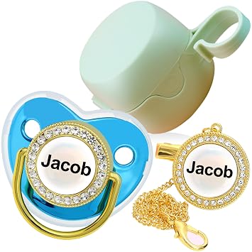Personalized Pacifier with Name, Bling Gold Pacifier Clip Set Storage Box, Customized Glitter Crystal Luxurious Soother Ideal Gift for Boys Baby Shower Photography Newborn Blue-Green