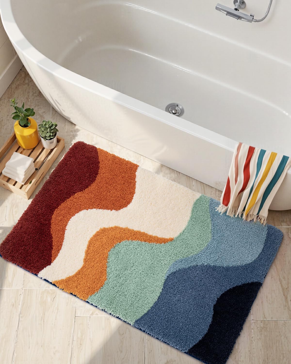 DEXI Bathroom Rug Washable, 24x43 Non Slip Bath Large Mat Absorbent, Soft Plush Microfiber Bathmat Quick Dry for Shower Floor, Colorful