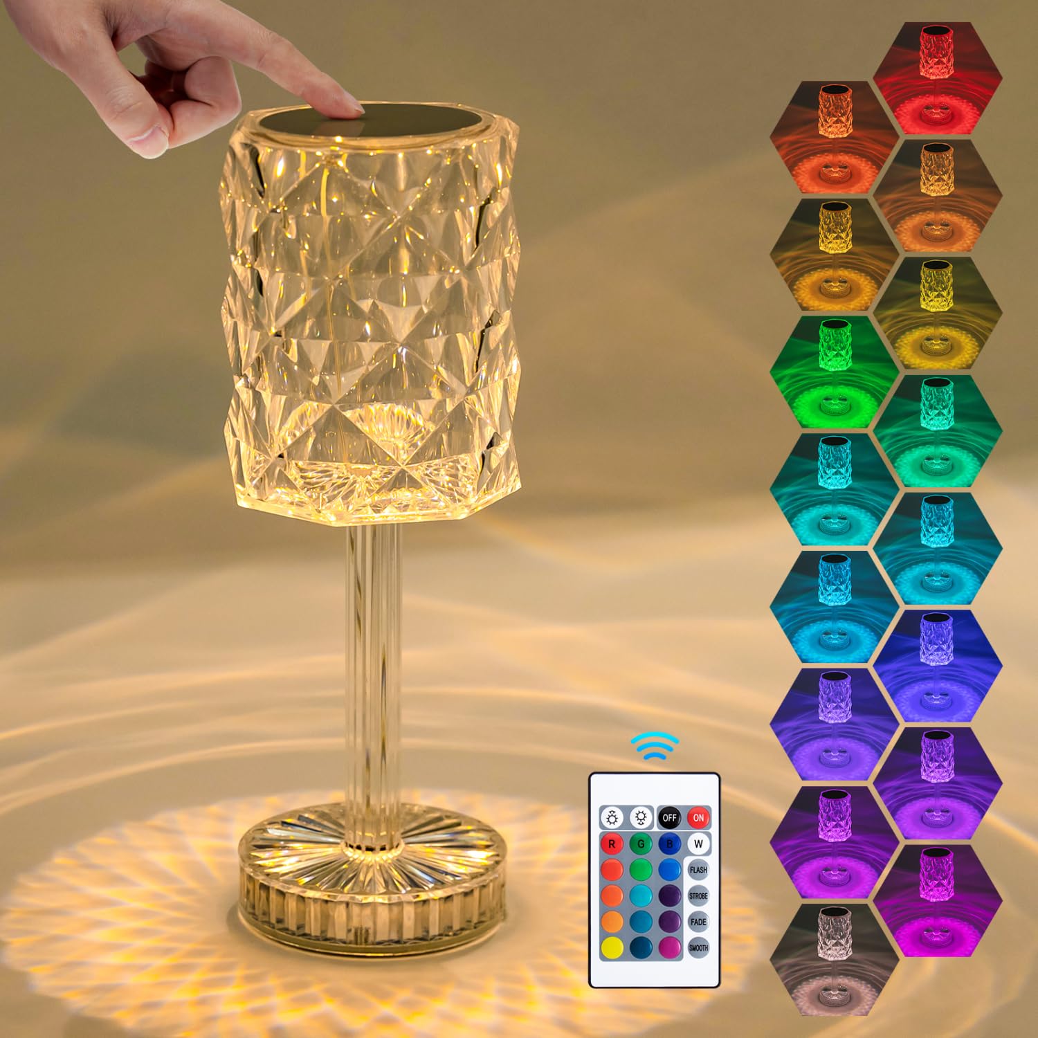 Aigostar LED Lámpara de Mesa de Cristal, 16 Colores y 4 Modos Lámpara de Noche de Rosa Diamante con Control Táctil y Control Remoto, USB-C Recargable Regulable Romántica Luz Nocturna para Dormitorio