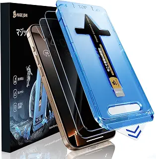 MAGIC JOHN 対応 iPhone 16 Pro ガラスフィルム のぞき見防止 強化ガラス 2枚セット ガイド枠付き 6.3インチ | 覗き見防止 自動吸着 貼りやすい 気泡なし 9H硬度 耐衝撃 高感度タッチ 撥油撥水加工 指紋防止 飛散防止 汚れ防止 ホコリ防止 黒縁あり