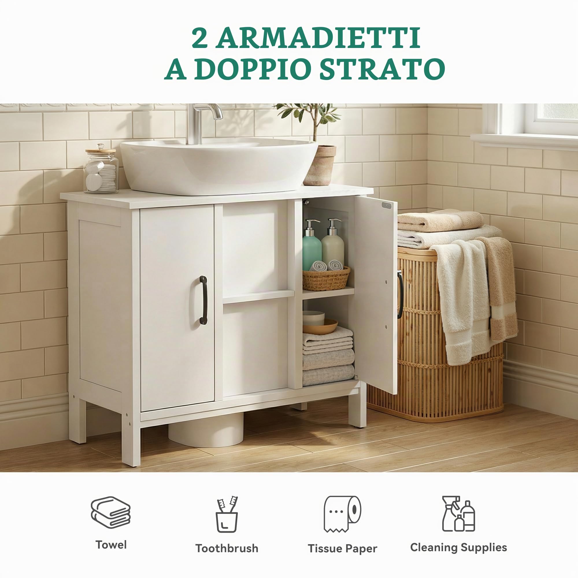 YITAHOME Mobile bagno sotto lavabo, mobile lavabo senza lavabo, mobile bagno con 2 ante, ripiano regolabile, 27,5 × 11,8 × 60,5 cm