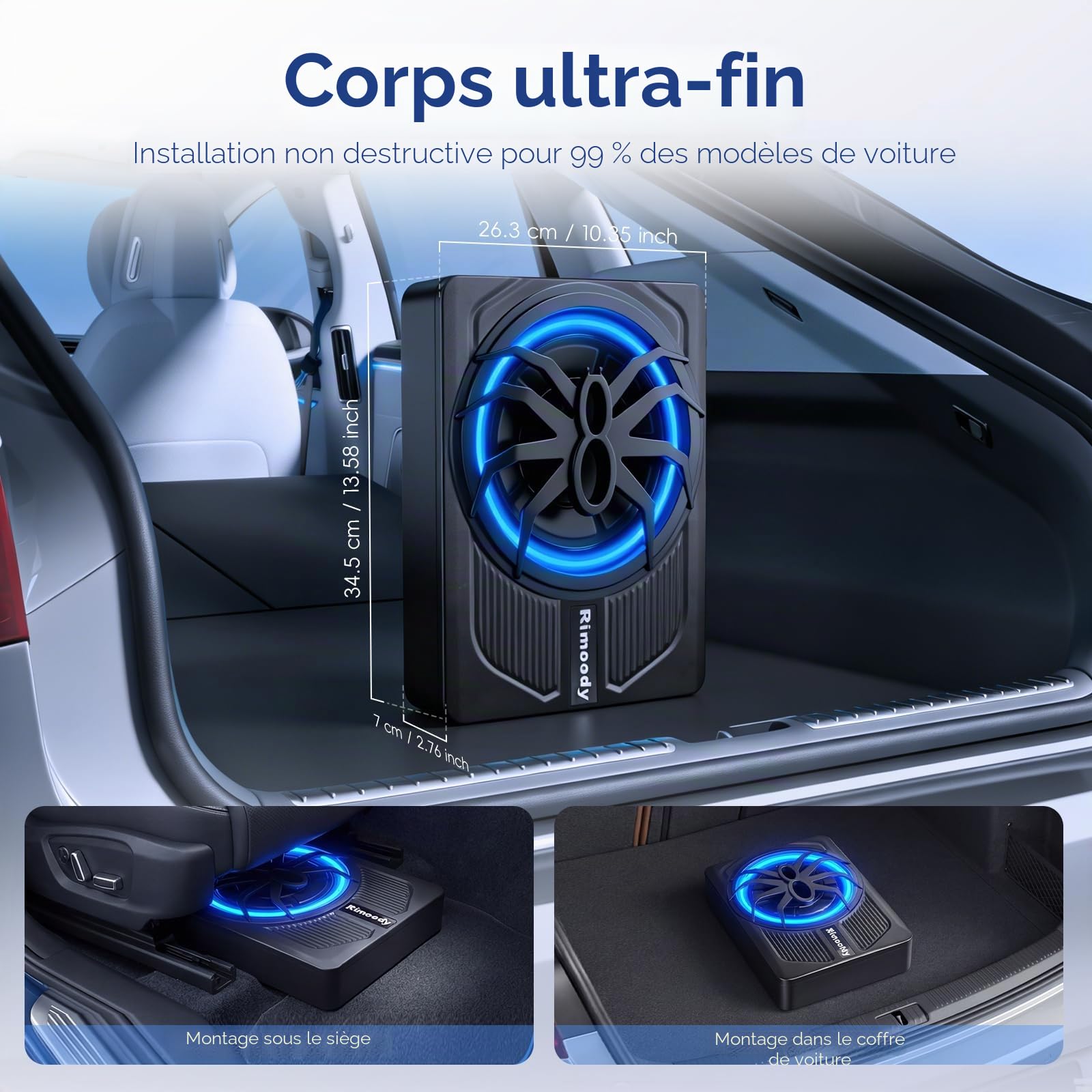 Rimoody Caisson de Basse pour Voiture, 10 Pouces, 1000W Max, 400W RMS, Profil Bas, Contrôle de Phase 0-180°, Boost de Basses 0-18dB, Installation sous Siège avec Éclairage d'ambiance LED Bleu