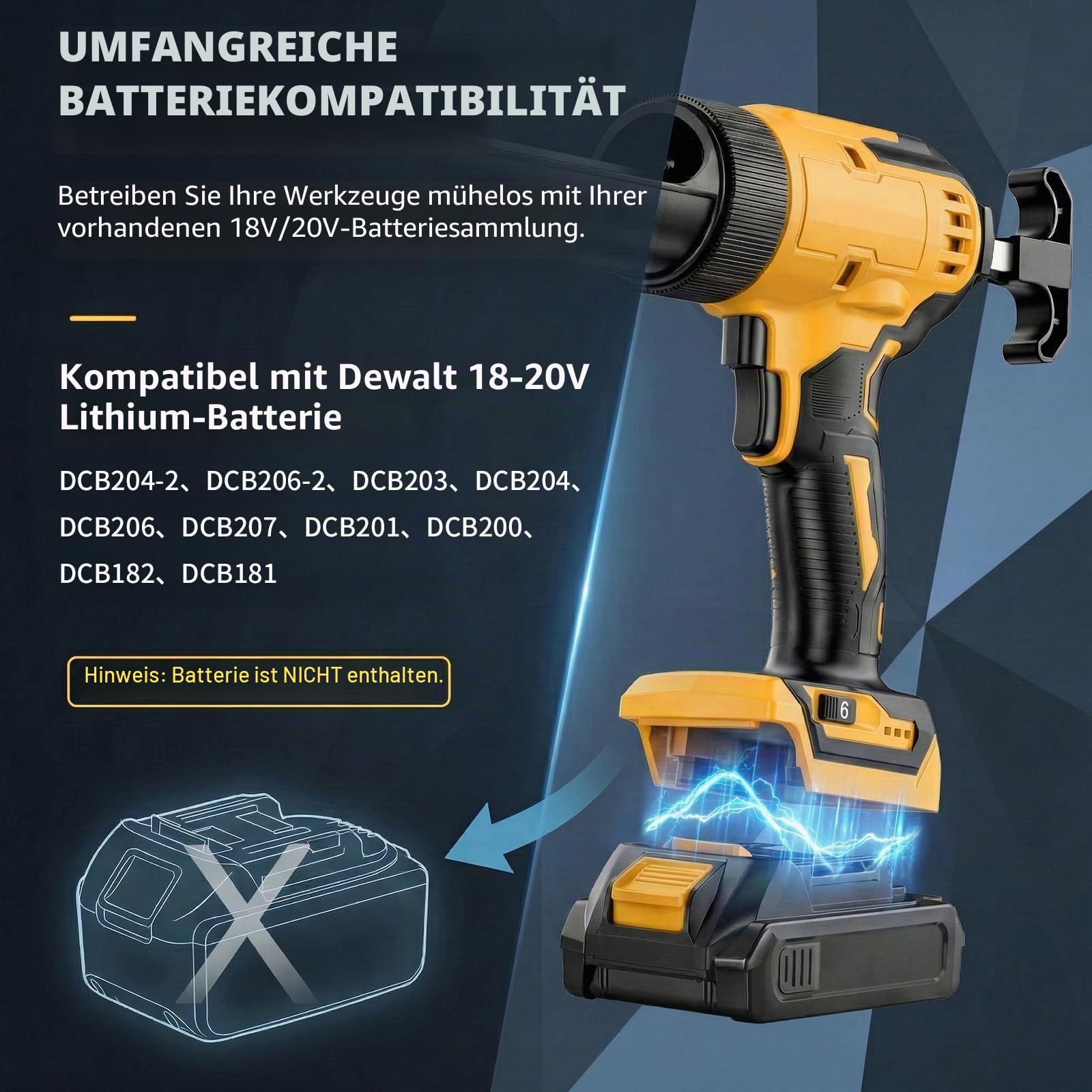 Akku Kartuschenpresse Kompatibel mit Dewalt Akku 18-20V - Elektrische Kartuschenpistole mit LED-Licht, 6 einstellbare Geschwindigkeitsstufen, für 300ml Heißklebestifte (Ohne Akku)