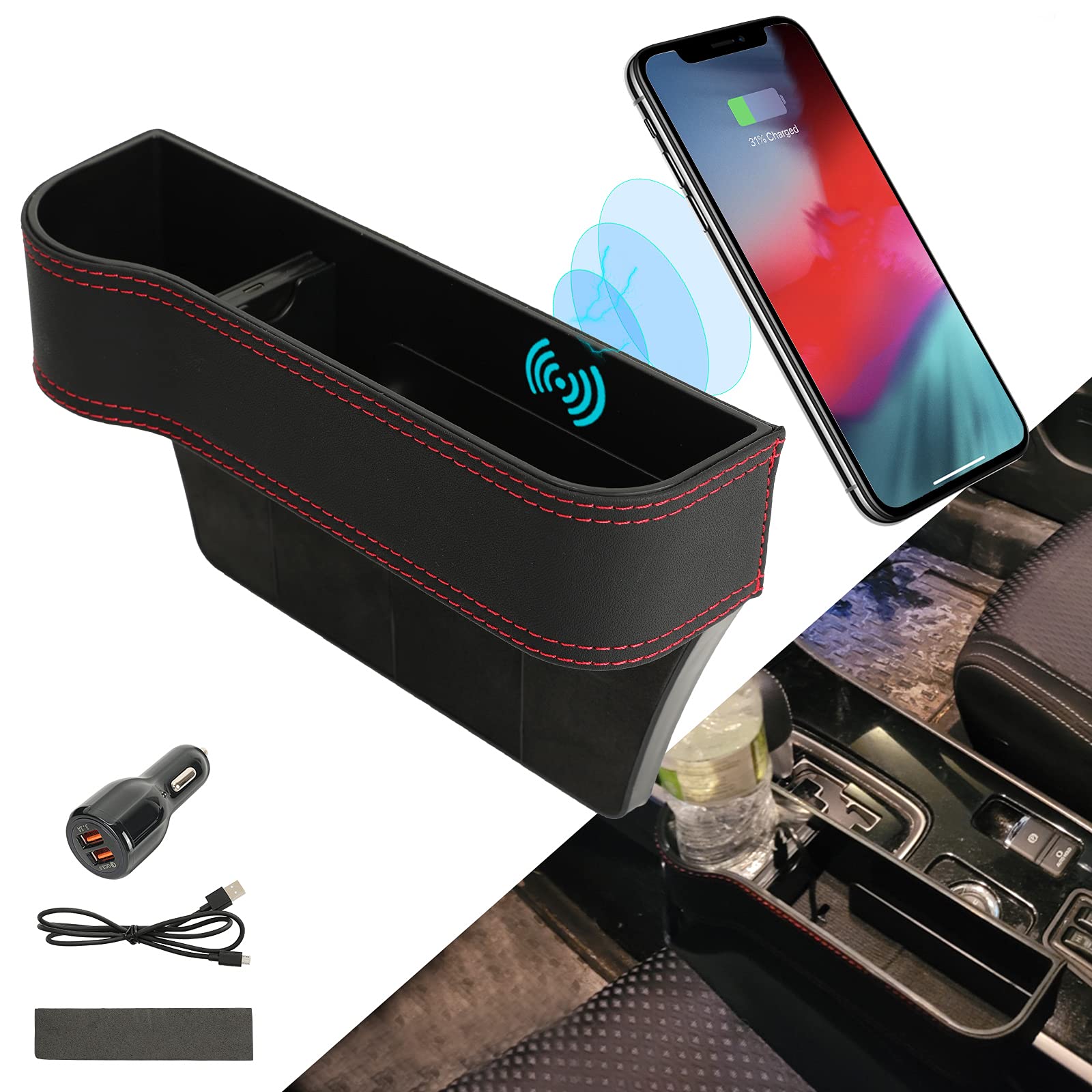 ROCCS Car Driver Side Seat Gap Filler, Seat Gap Organizers with 15W Wireless Charging, Front Car Seat Storage Organizer with Cup Holder, Universal PU Leather Car Center Console Organizer