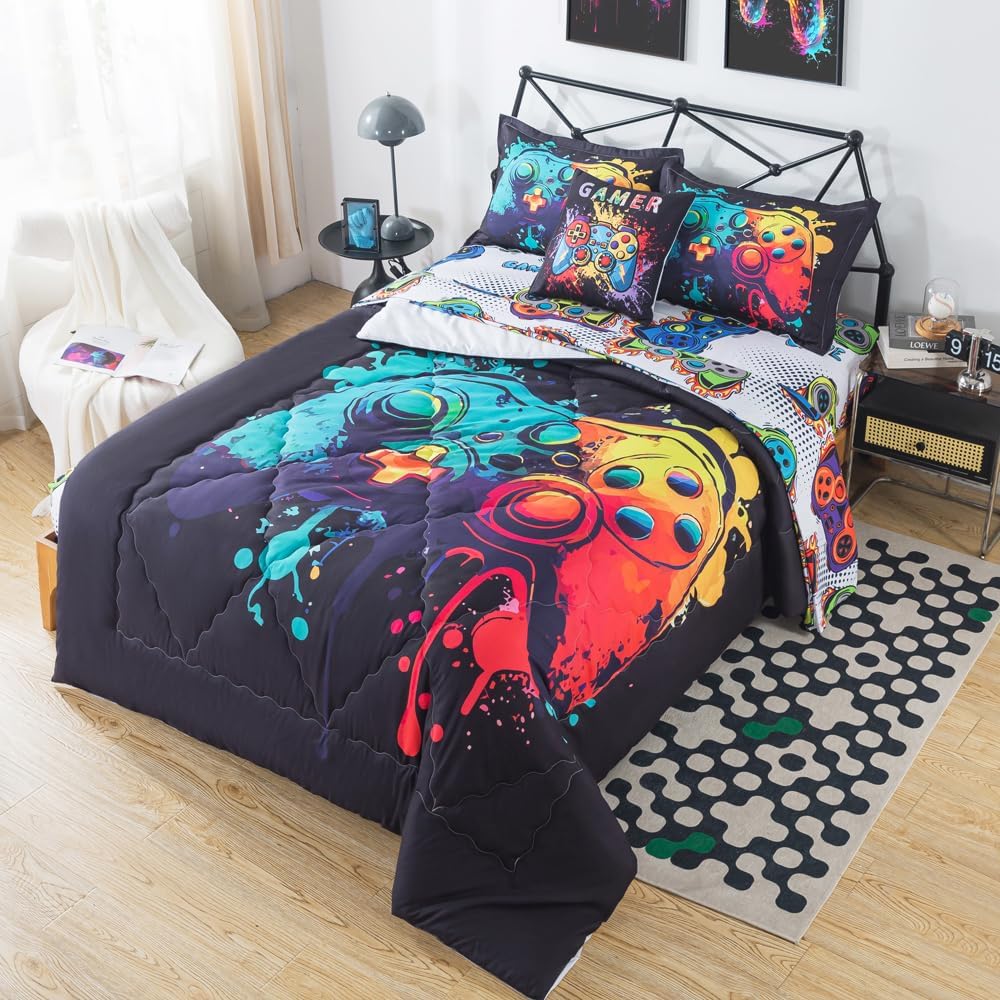 adasmile a & s game comforter sets for boys kids 6 piece gaming bedding set twin size colorful video game controller printed bed in a bag comforter with gaming sheets soft microfiber home decor game controller twin