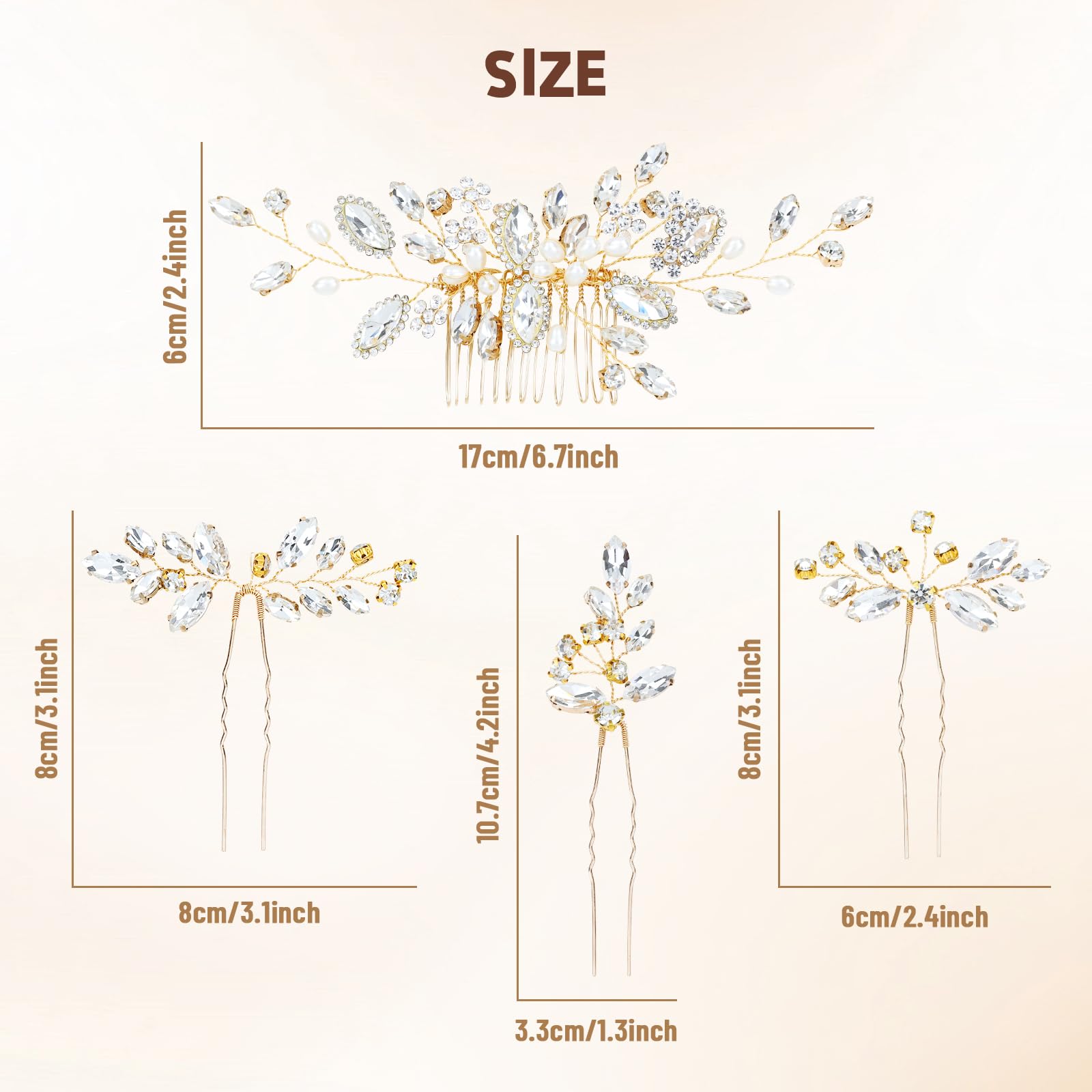 inSowni 4 Pieces Gold Metal Wedding Bridal Rhinestone Hair Side Comb Slide+U-shaped Rhinestone Hair Pins Prom Party Headpieces for Brides Bridesmaids Women Girls - Image 3