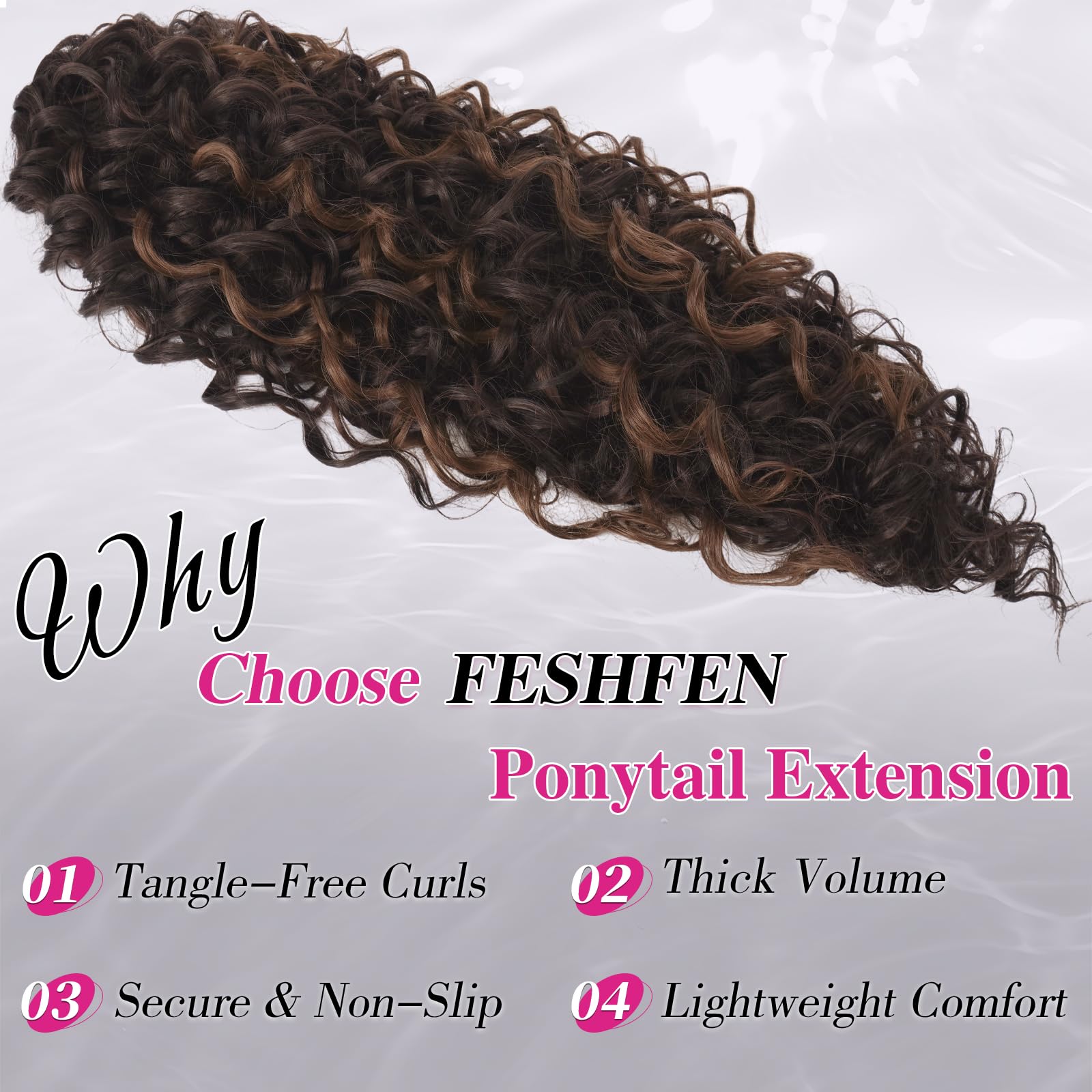 FESHFEN Pferdeschwanz Haarteil mit Klammer - Lange Locken Mischung aus Braun Ponytails Claw Clip in Lockige Ponytail Haarteile Synthetik Haare Zopf Extension für Damen, 65 cm