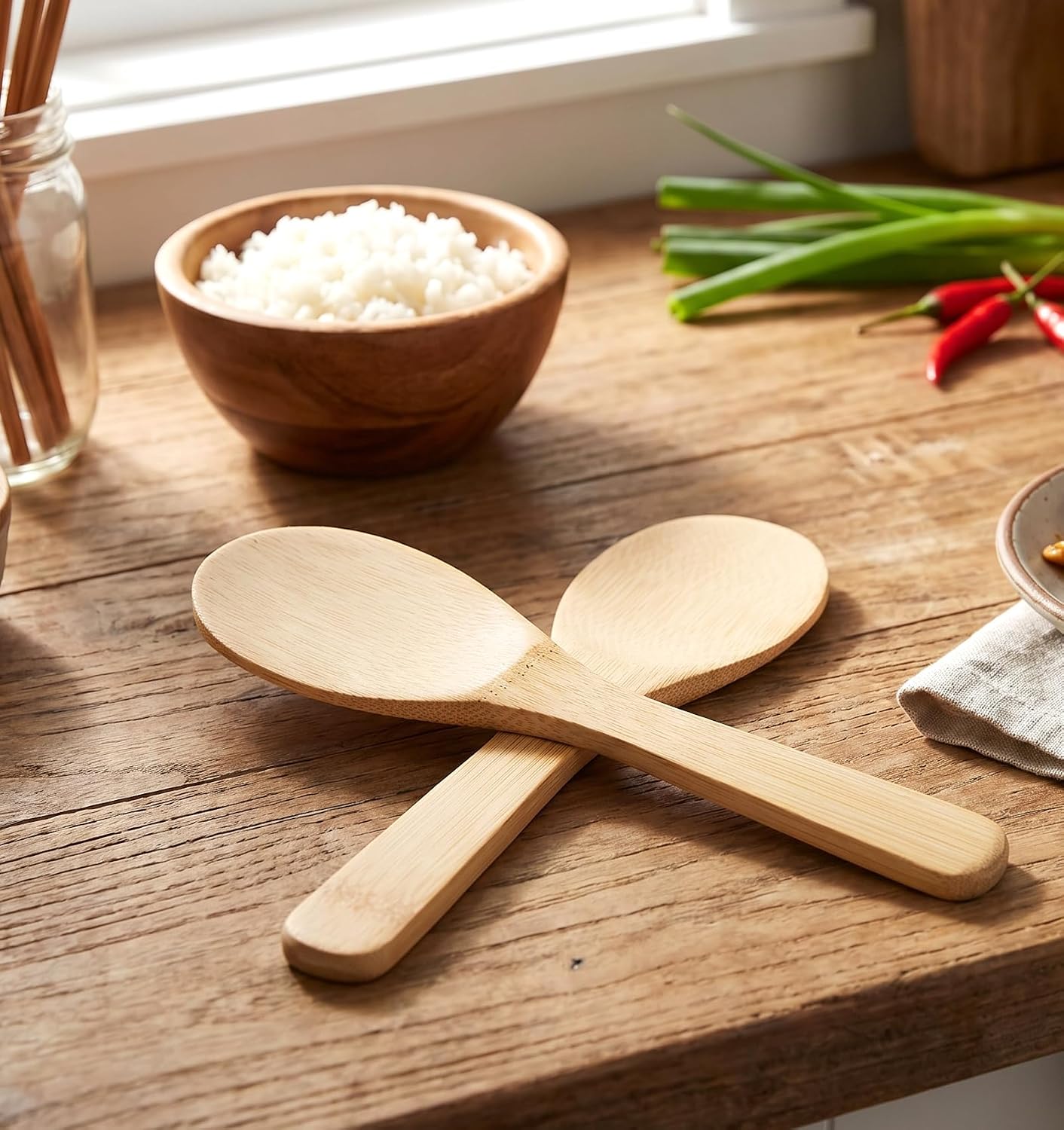 2 Pack Bamboo Rice Paddle, 20cm Natural Non-Stick Wooden Rice Scoop for Serving & Cooking, Bamboo Spoon Kitchen Tool