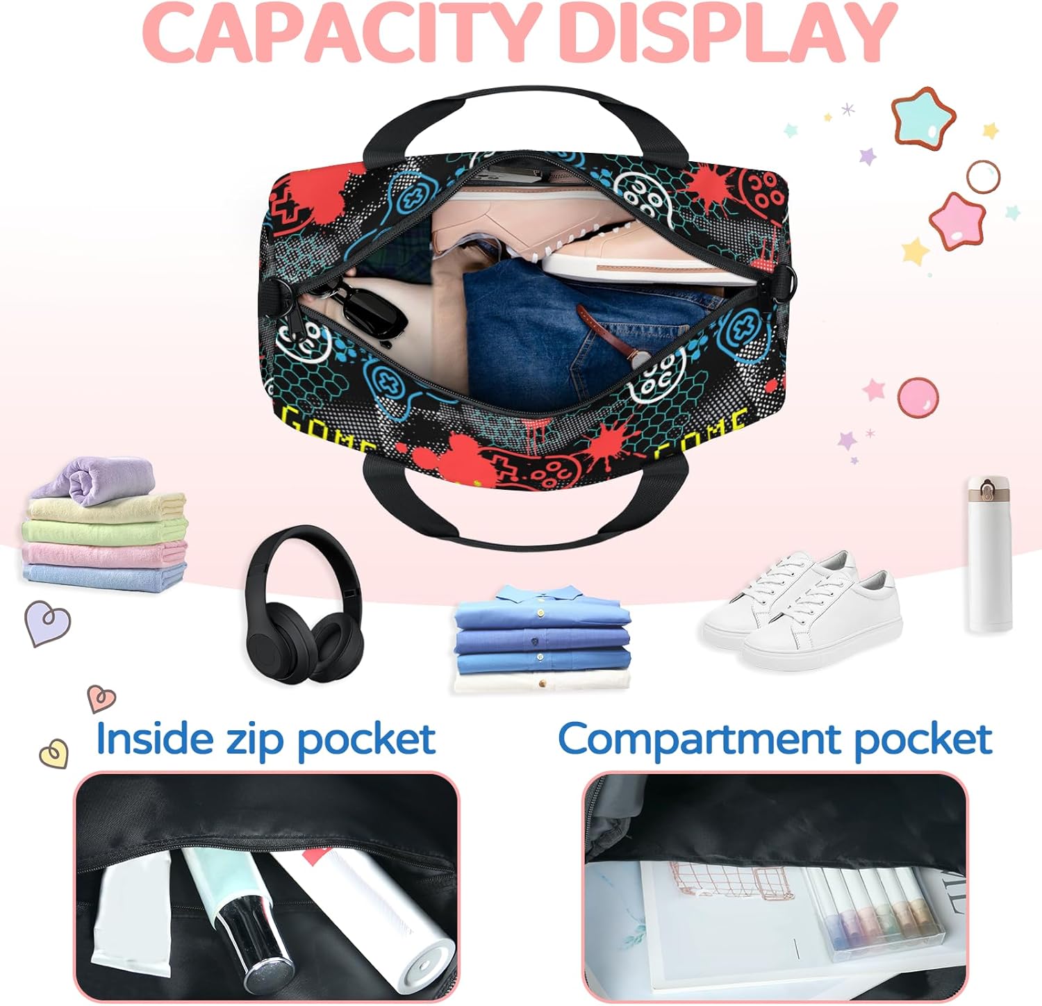 Kids Overnight Duffle Bags Boys Girls - Sports Gym Bag Small Game Theme Weekender Carry-On Tote for Travel Gymnastics Dance Ballet- Birthday Gifts for Kids