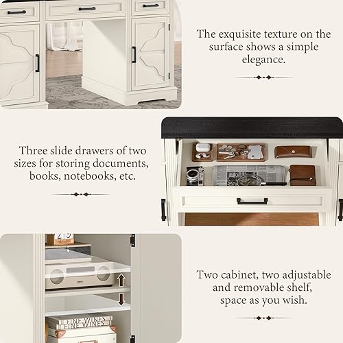 Miniatura 7 de Vabches Escritorio para computadora con cajón de archivos, escritorio ejecutivo rústico con cajones, escritorio de oficina de madera con amplios