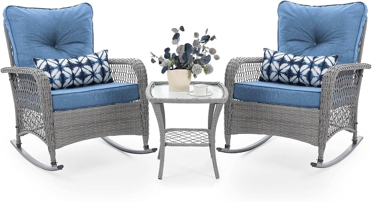 UDPATIO 3 Piece Patio Furniture Set, Wicker Rocking Bistro Set with 2 Rockers, 1 Side Table and 4‘’ Thick Cushions for Backyard, Porch, Balcony, Poolside, Grey/Blue