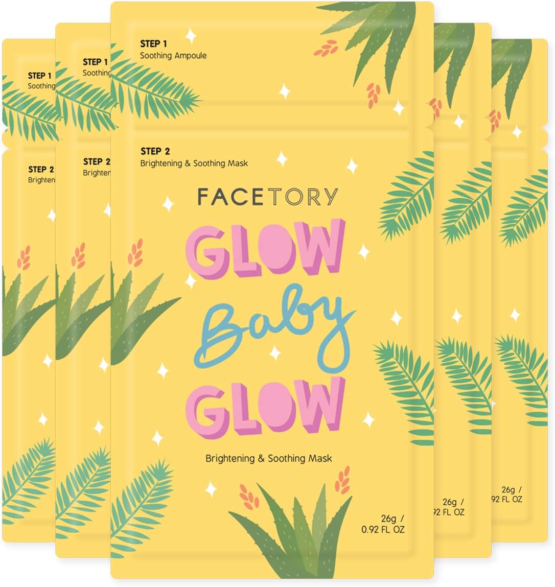 FACETORY K Beauty Face Mask Skin Care - Glow Baby Glow 2-Step Sheet Mask with Niacinamide & Aloe + Calming Ampoule | Hydrates, Glowing Skin (5 Pack)