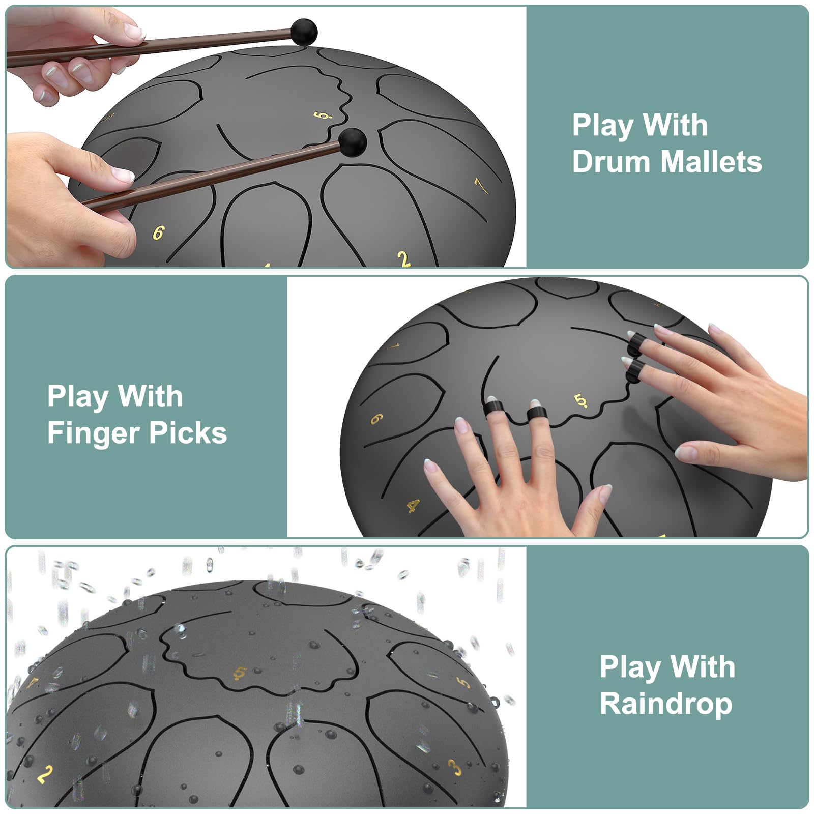 Rain Drum for Outside Garden, 8 Inches 11 Notes Steel Tongue Chakra Drum, Waterproof Meditation Rain Chime, Musical Instruments for Adult Gift with Bag, Music Book, Mallets (Black) 4