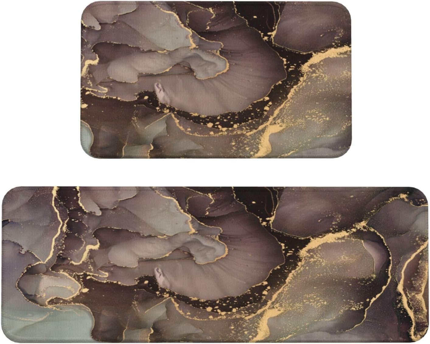 Black Gold Brown Marble Kitchen Rugs Microfiber Floor Mats Cushioned Carpet Runner Rug for Laundry Bathroom Living Room, 2 Piece Set 17"X 47" + 17"X 30"