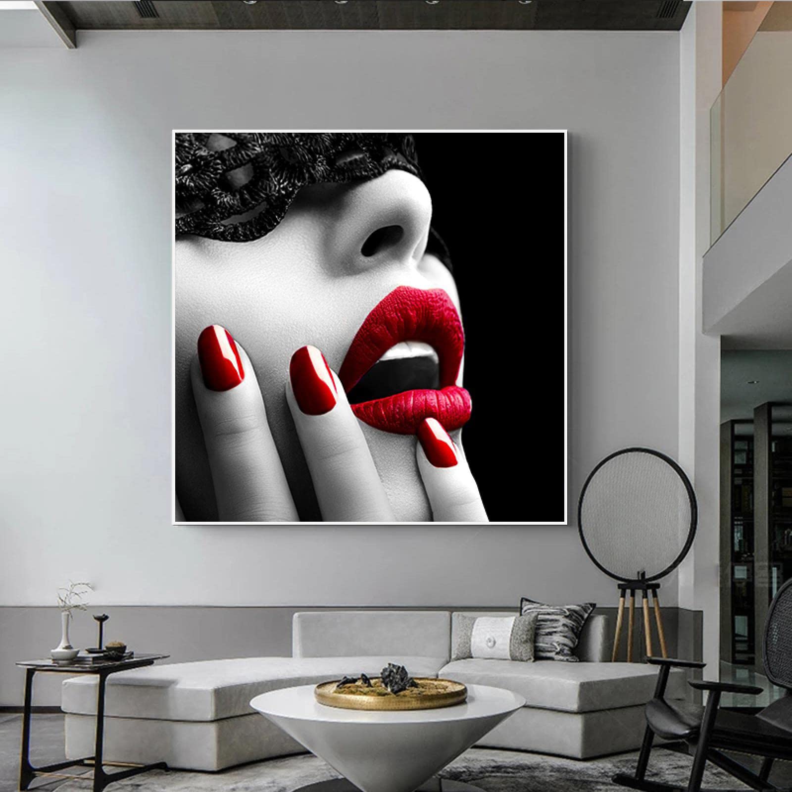 Lienzo enmarcado Arte de pared Negro Blanco Arte de pared Imagen Moda Labios rojos Modelo sexy Chica Carteles nórdicos e impresiones Arte de pared 90x90cm (35x35in) Con marco