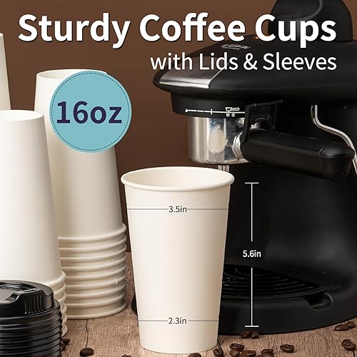 Miniatura 2 de YEEHAW Paquete de 100 tazas de café de 16 onzas con tapas y mangas, vasos de papel desechables blancos, tazas calientes para café, líquido caliente,