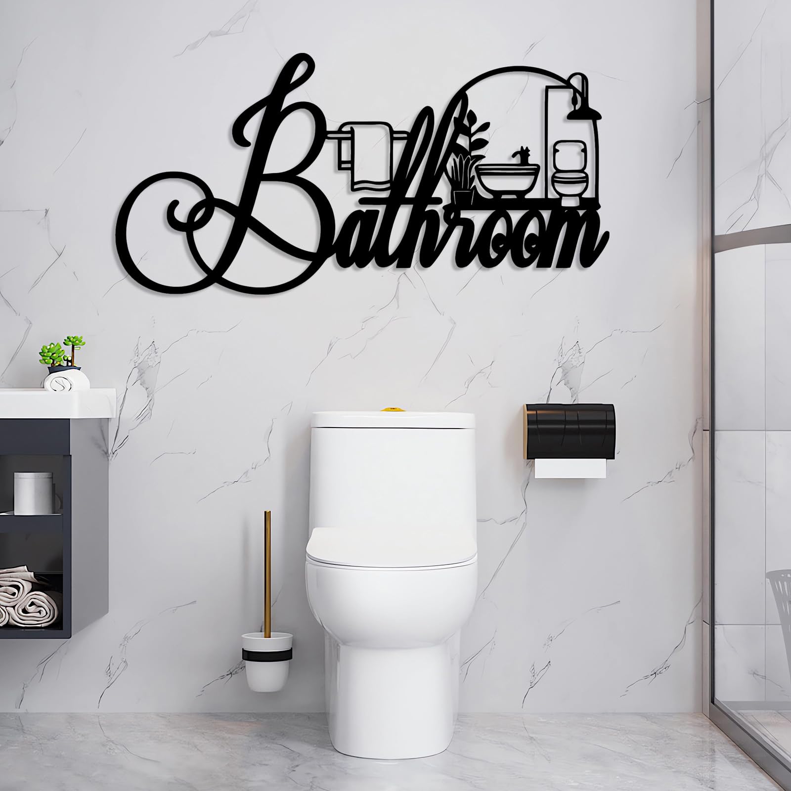 Letrero de pared de metal con humor sobre el baño, letrero moderno para baño, placa decorativa negra de 15 x 30 pulgadas para la decoración del baño y el hogar. (48L"x23W")