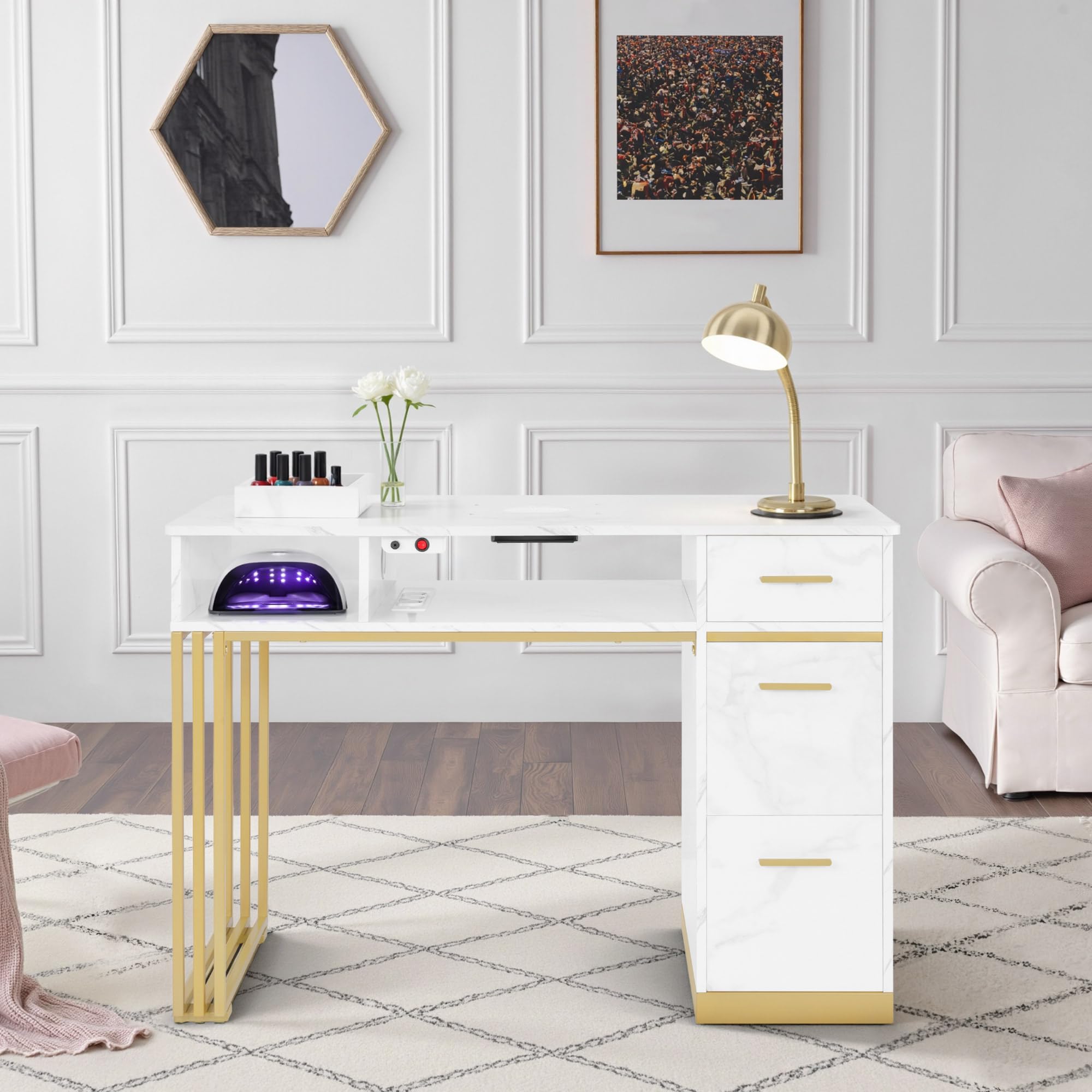 Barberpub tavolo da manicure con 3 cassetti e 2 ripiani, tavolo per unghie con aspirazione, in legno oro bianco in marmo, 57x112x80cm, 2472