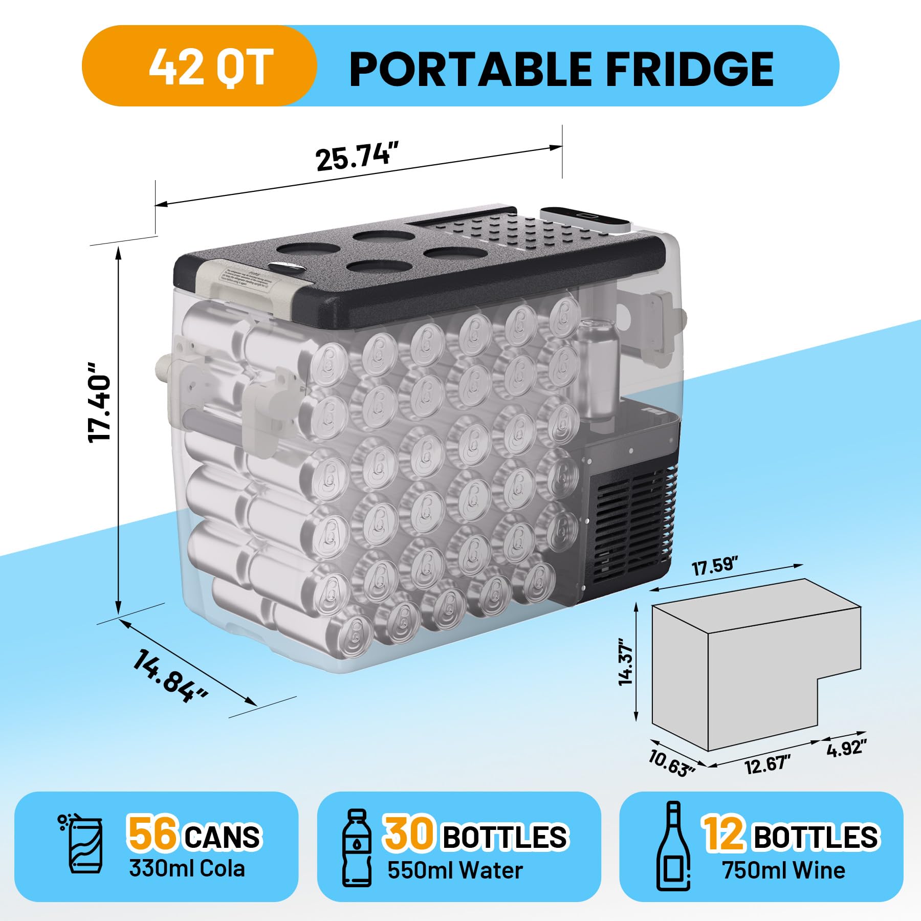 Frigorifero elettrico per auto, 12 V, 42 QT (40 l), frigorifero portatile 12 V/24 V CC 110-240 V AC, frigorifero per auto, congelatore portatile con cestello per viaggi, camion, barca