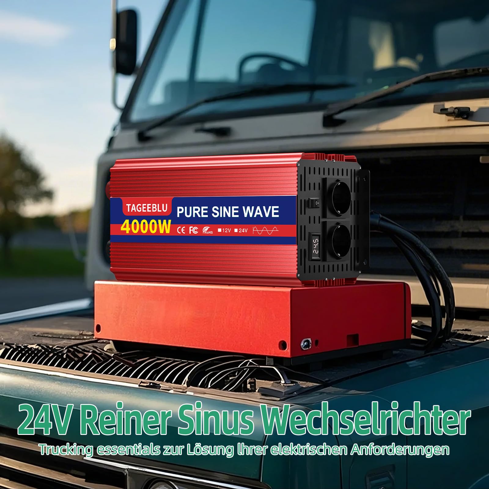 4000W 24V wechselrichter 24V auf 230V Reiner Sinus, spannungswandler 24v 230v, Wechselrichter für Fahrzeuge mit Alligatorclip, 2 EU Steckdose und LCD Bildschirm