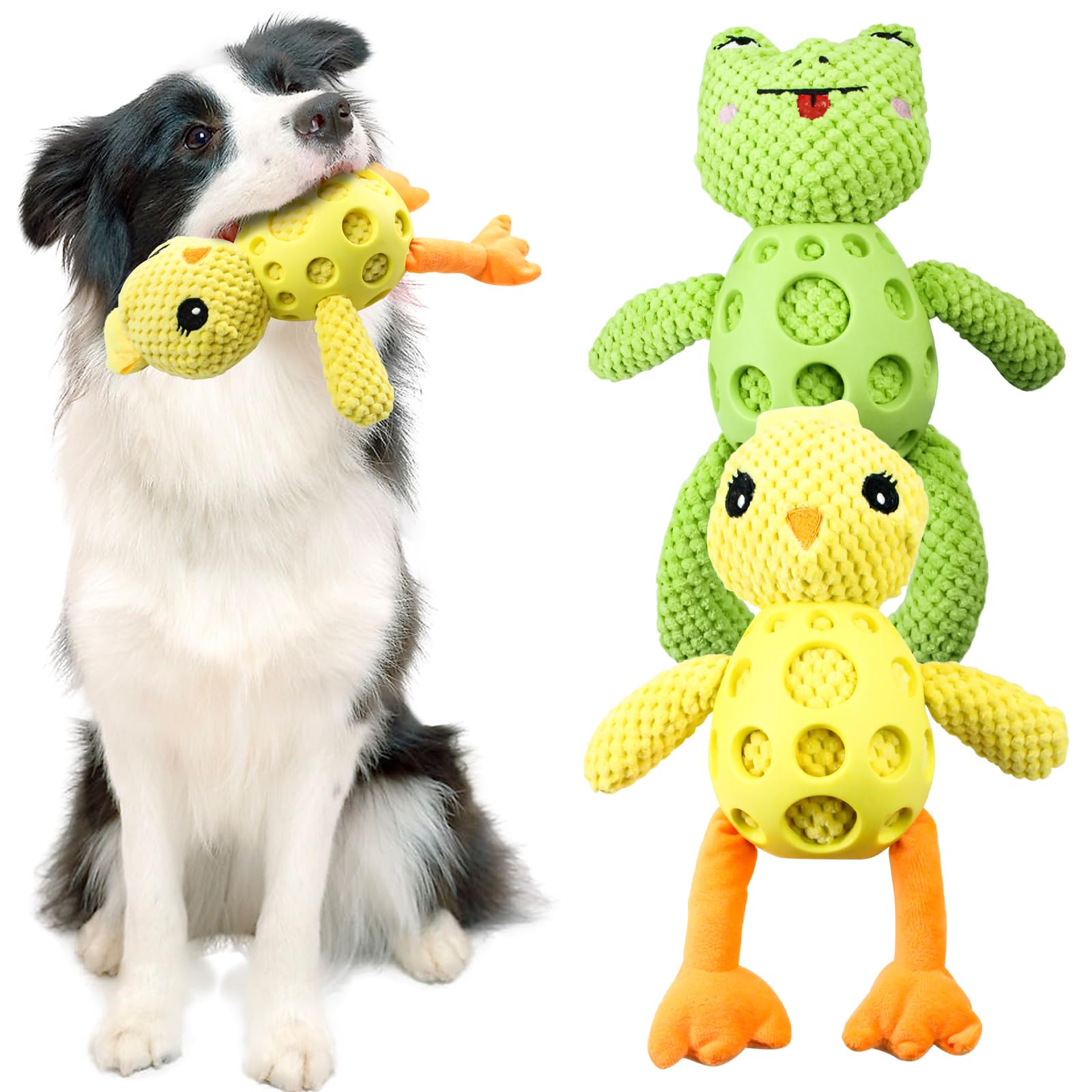 Aerbee 2PCS Dog Plush Toys for Aggressive Chewers, Bite Resistant Tooth Grinding Rubber Plush Toys, Interesting Pet Toy Puppy Teething Toy Soft Frog &