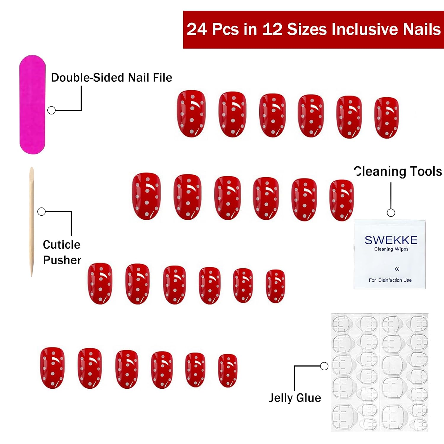 Press on Nails Short Oval SWEKKE Fake Nails False Nails with Polka Dots Designs Red Glossy Glue on Nail Full Cover Acrylic Nails for Women Girls 24Pcs