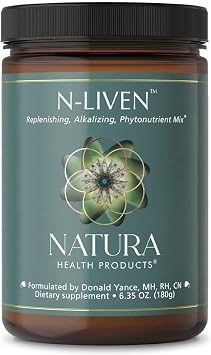 Natura Health Products N-liven Supplement - Organic Superfood Greens Powder Drink - Including Spirulina & Chlorophyll - Premier Blend of Barley Grass, Kale, Spinach, Goji Berry, Raspberry 180 Grams