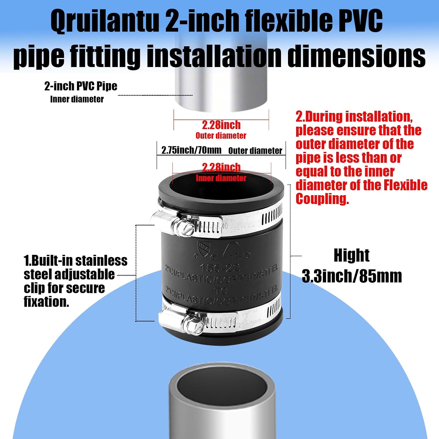 3 Pcs 2" Flexible Pvc Pipe Coupling with Stainless Steel Clamp, Flexible Fitting for Connecting Cast Iron, Plastic and Copper Pipes, for Sewer and Drain Connections(Black)