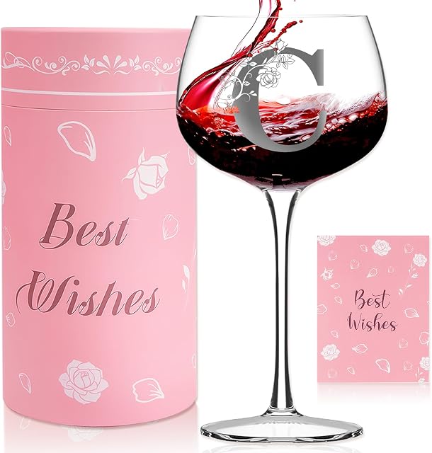 Cadeaux Monogrammes personnalisés pour les femmes, Cadeaux d'anniversaire pour les femme, Verre à vin A-Z personnalisé initial, Décorations d'Anniversaire pour les Femmes, Cadeau d' Anniversaire de Noël pour sa mère épouse sœur amie (C)