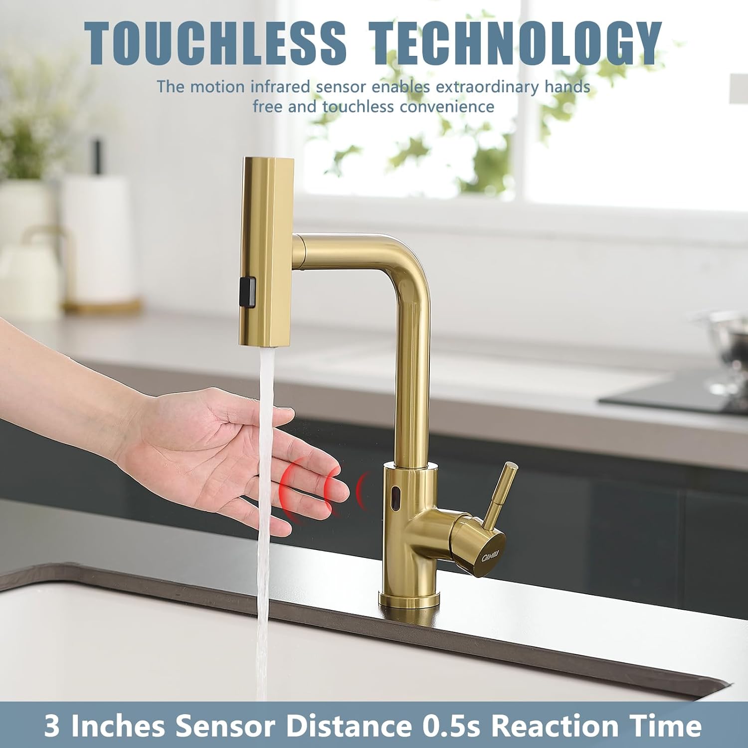 GIMILI Gold Touchless Kitchen Faucet with Pull Down Sprayer, 15” Hight Single Hole Handle Kitchen Sink Faucets