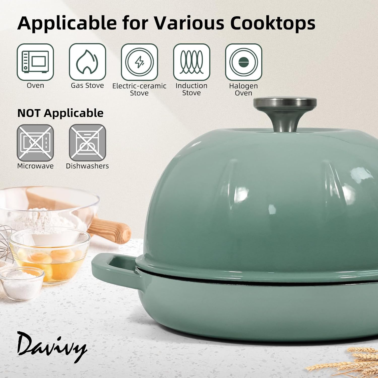 Davivy 5QT Enameled Cast Iron Dutch Oven Pot, Round Sourdough Dutch Oven, Bread Cloche for Sourdough Bread Pan with Domed Lid - Light Green