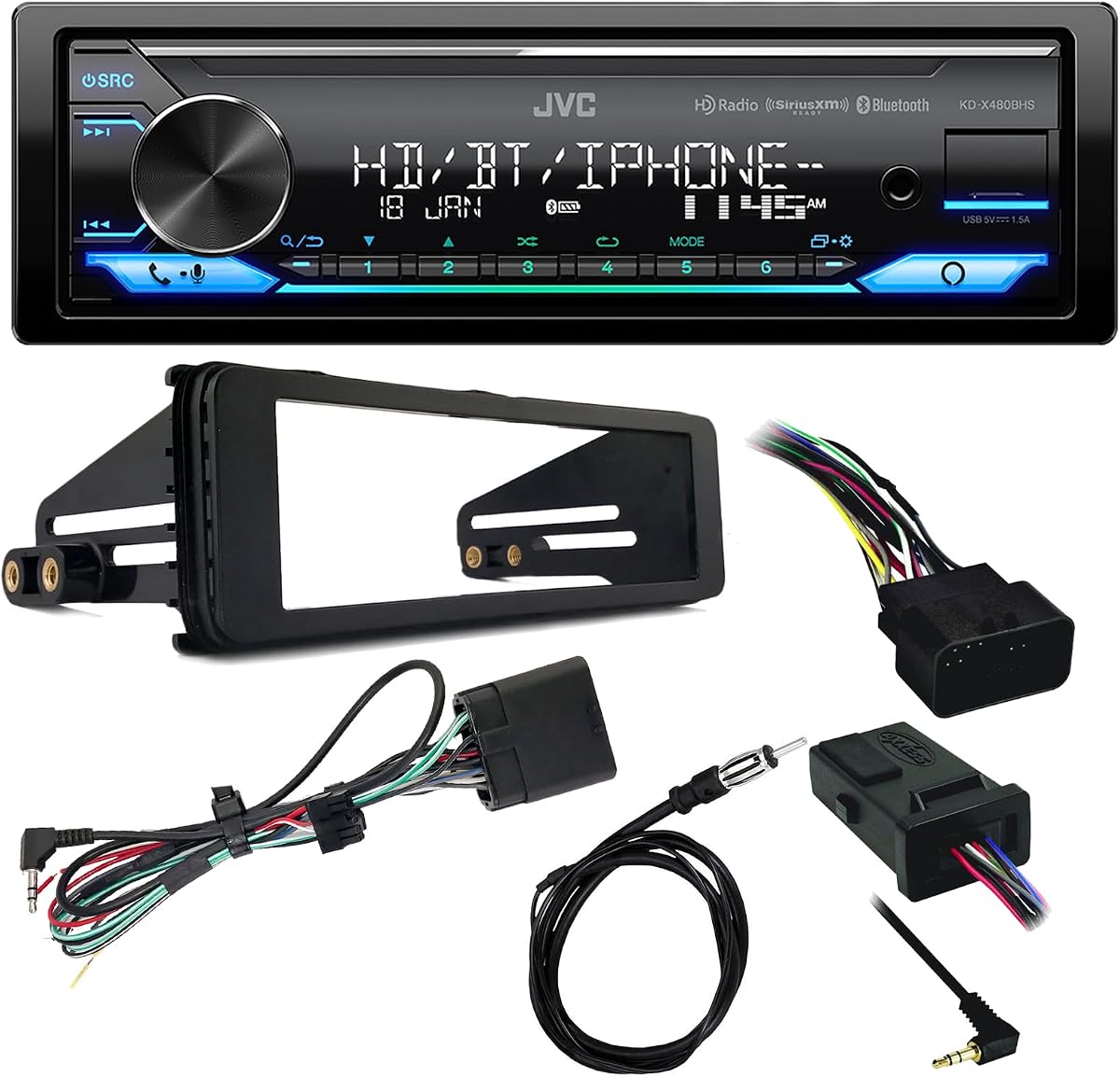 Un solo DIN Bluetooth USB LED AM/FM LED Combinación de paquete de receptor estéreo con kit de instalación estéreo, interfaz de control de manillar, antena de alambre de 22", protector contra la intemperie (se adapta a los modelos selectos 98-2013 HD)