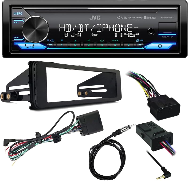 Un solo DIN Bluetooth USB LED AM/FM LED Combinación de paquete de receptor estéreo con kit de instalación estéreo, interfaz de control de manillar, antena de alambre de 22", protector contra la intemperie (se adapta a los modelos selectos 98-2013 HD)