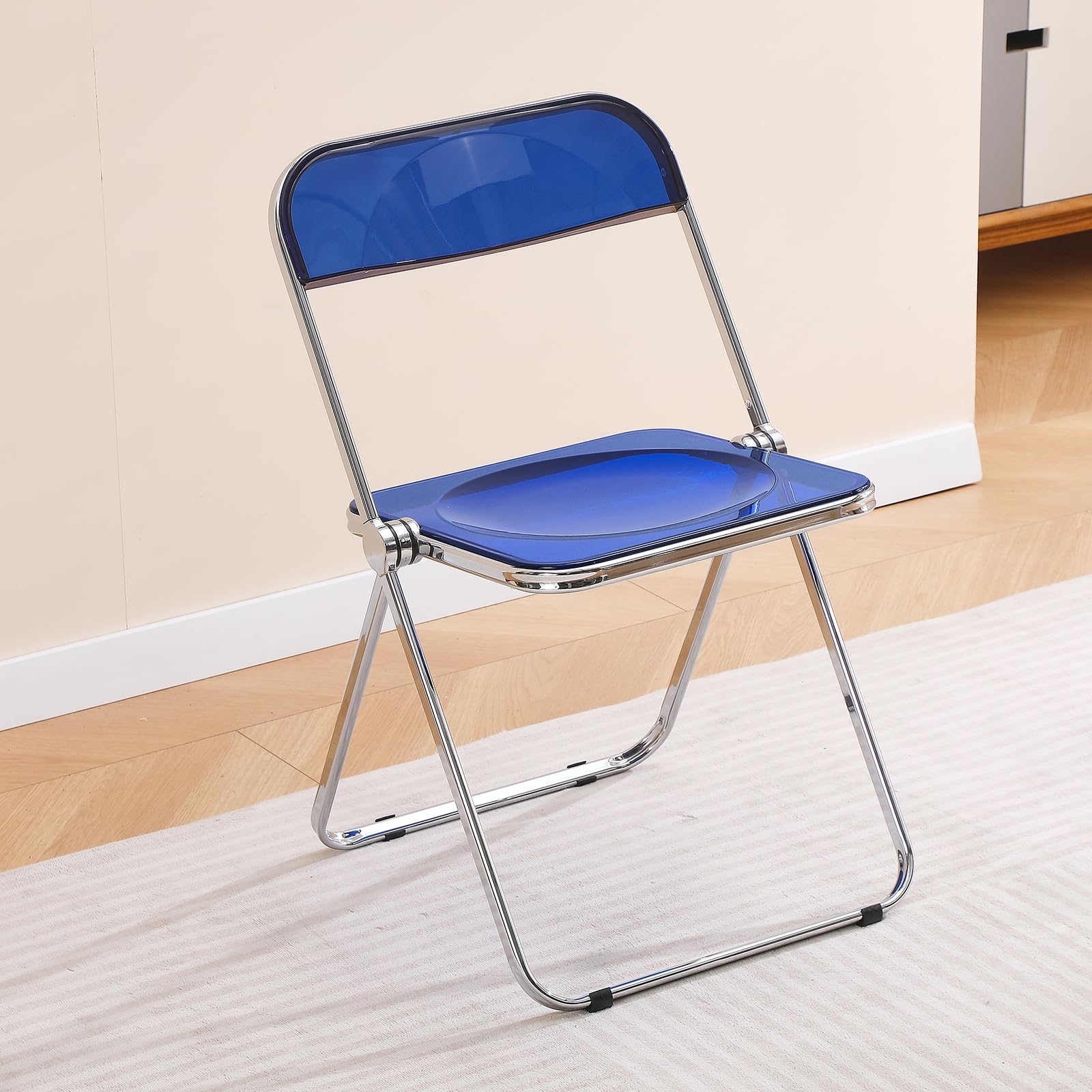 – Acrylic Folding Chair - Morden Clear Chrome Chair - Elegant Stackable Plastic Foldable Chair for Dining Living Room Vanity - Blue