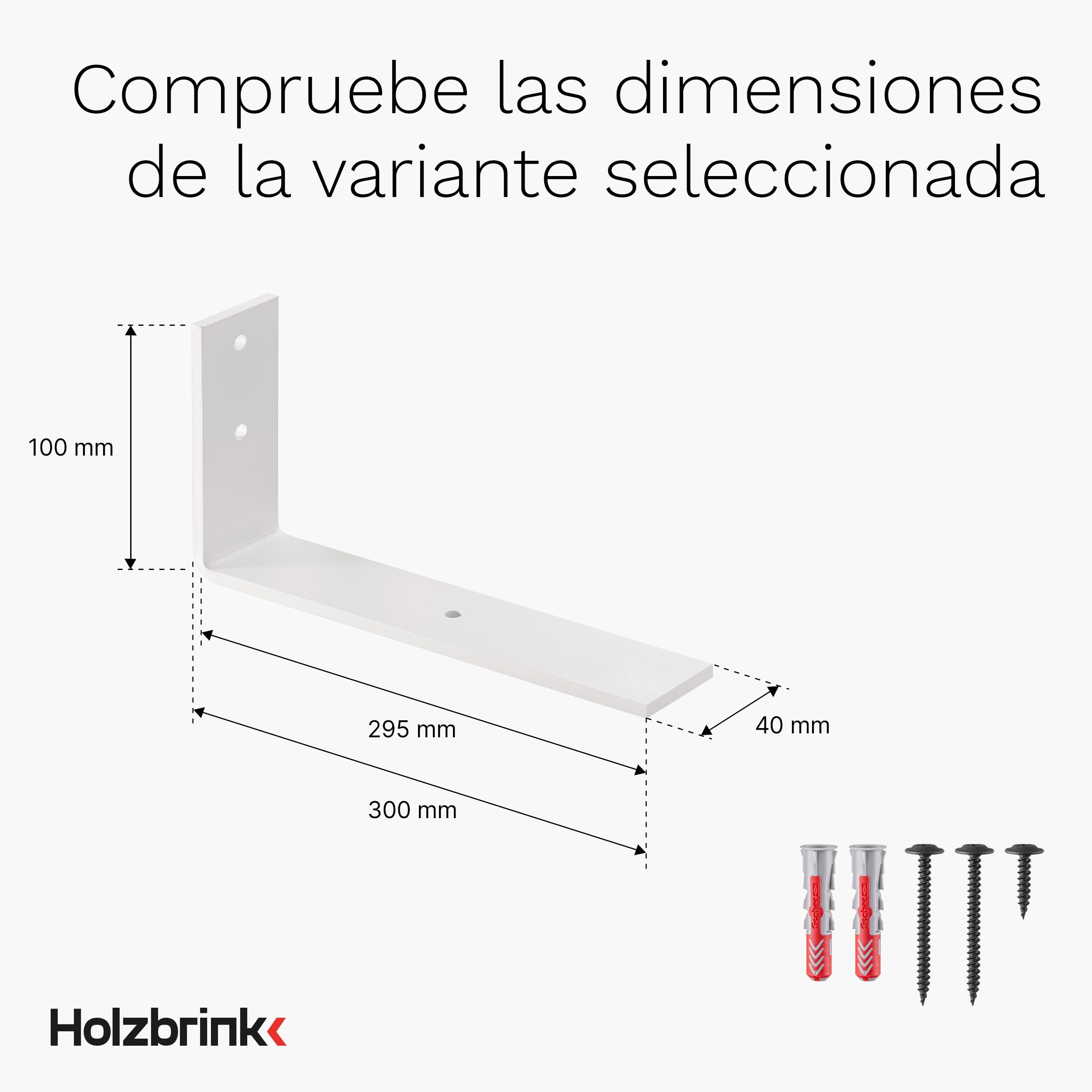 HOLZBRINK Escuadra de metal para baldas, soporte para estantes de pared, estante de pared DIY, Blanco 300x100x40 mm, 6 piezas, HLR-L-300-9016