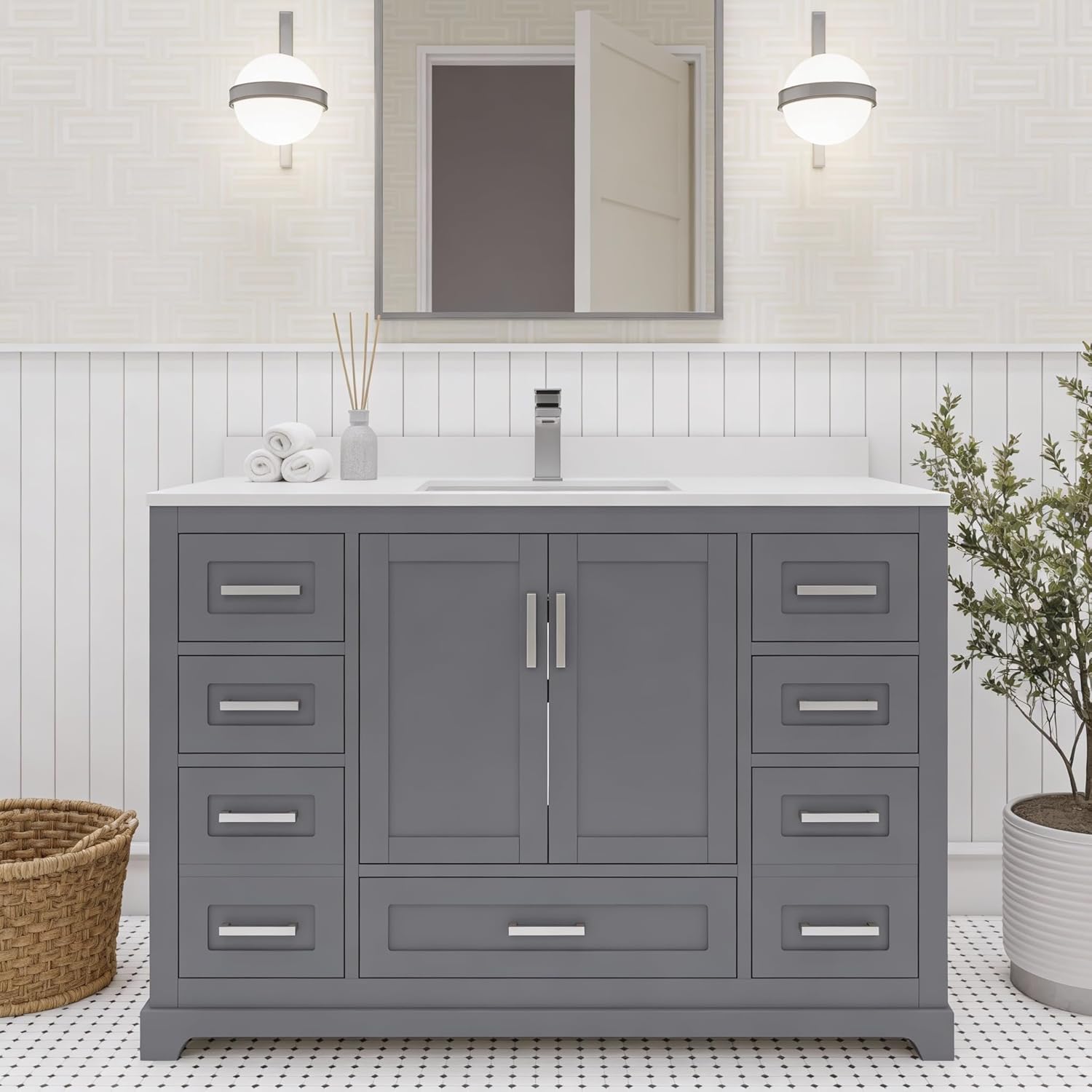 Ayna Decors Maya 48 Inch Charcoal Grey Bathroom Vanity with Sink, Quartz Countertop, 2 Soft Closing Doors, and 7 Full Extension Drawers, Brushed Nickel Hardware
