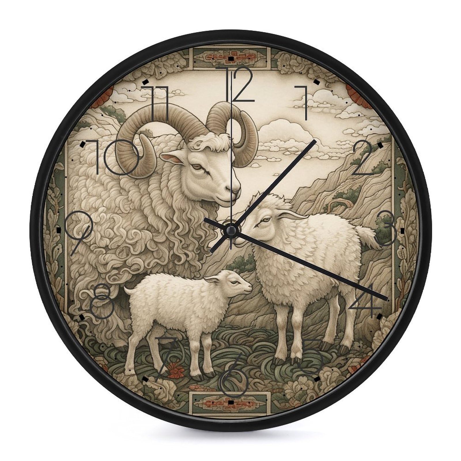 Adfgyerh Black-Style Sheep Pattern Clock，9.8 Inch Battery Operated Wall Clock Classic Simple, Decorative Wall Clock.analog Clock For Kitchen Office Bathroom Bedroom.