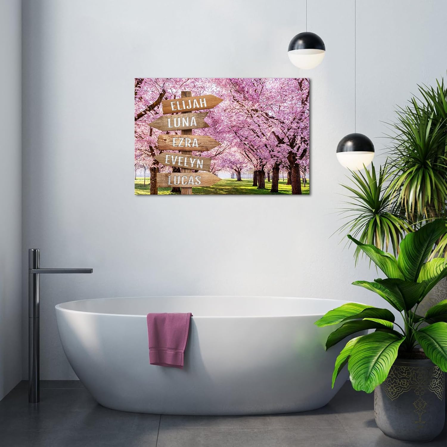 iLOOKLiKE Cherry Tree Blossoming Park Personalized Street Sign with Name Wall Art for Family Custom Multi Names Canvas Prints Spring Landscape Pictures Painting Gifts for Home Decor Anniversary