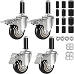 3 Inch Caster Wheels for Prep Table, Expanding Stem Casters with Dual Brake, Fit 7/8" to 1-5/8" Tube Leg Industrial Locking Wheels for Stainless Steel Table/Cart/Commercial Kitchen Appliances Leg