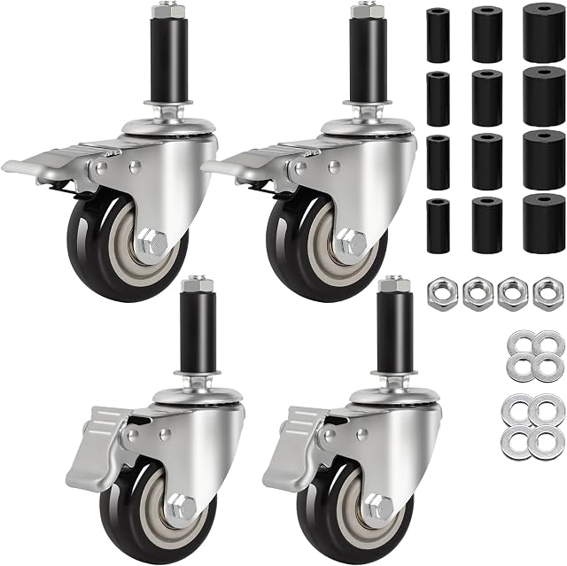 3 Inch Caster Wheels for Prep Table, Expanding Stem Casters with Dual Brake, Fit 7/8" to 1-5/8" Tube Leg Industrial Locking Wheels for Stainless Steel Table/Cart/Commercial Kitchen Appliances Leg