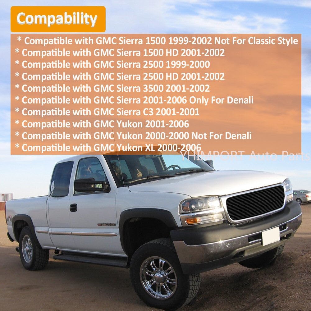 Front Grille Black Powder Coated Aluminum Grill Insert for 2001-2006 GMC Yukon/Yukon Denali/1999-2002 Sierra