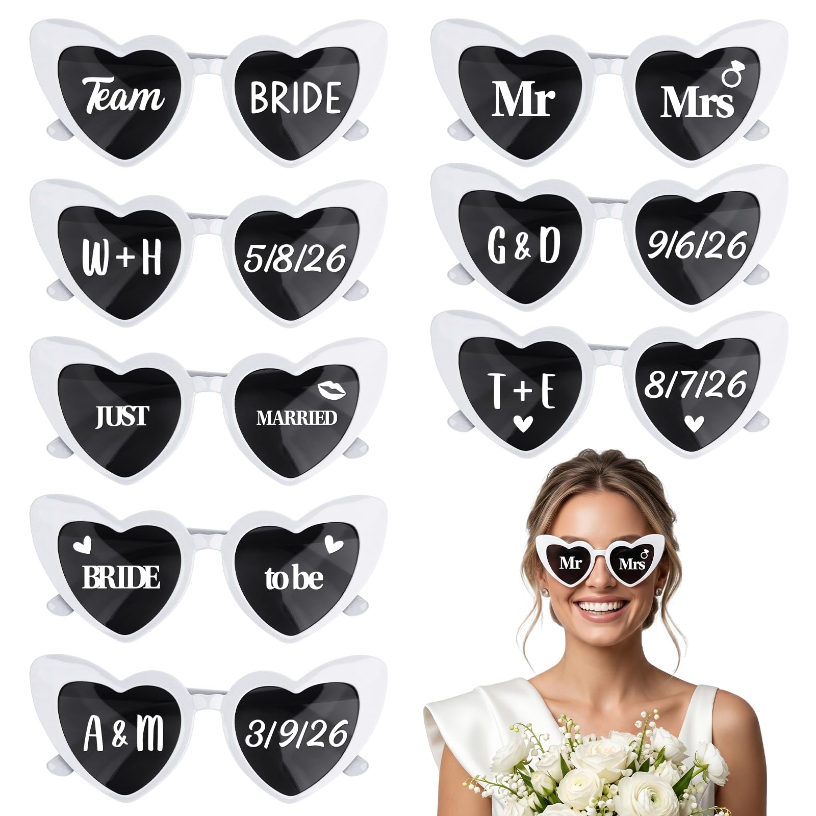 DOORIO 8 Pack Wedding Sunglasses, Heart Shaped Team Bride Glasses with DIY Stickers for Wedding Hen Do Party Bridal Shower Bachelorette Decorations