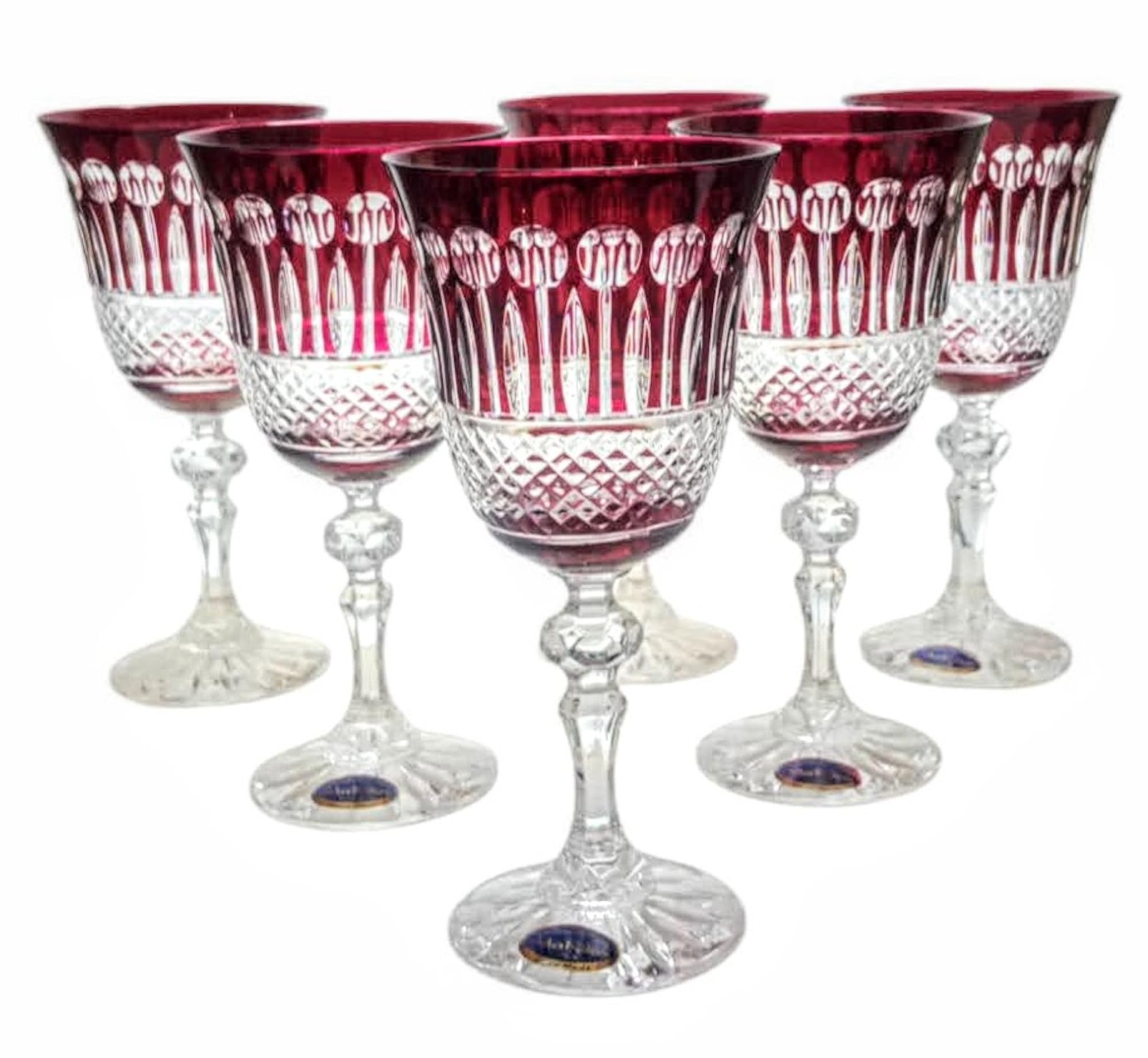 Exklusive Kristall Weingläser 220 ml – Handgefertigte Weinkelche mit Gravur – Luxuriöse Kristallgläser für Rotwein & Wasser – Set mit 6 Gläsern in Geschenkbox - Rubin