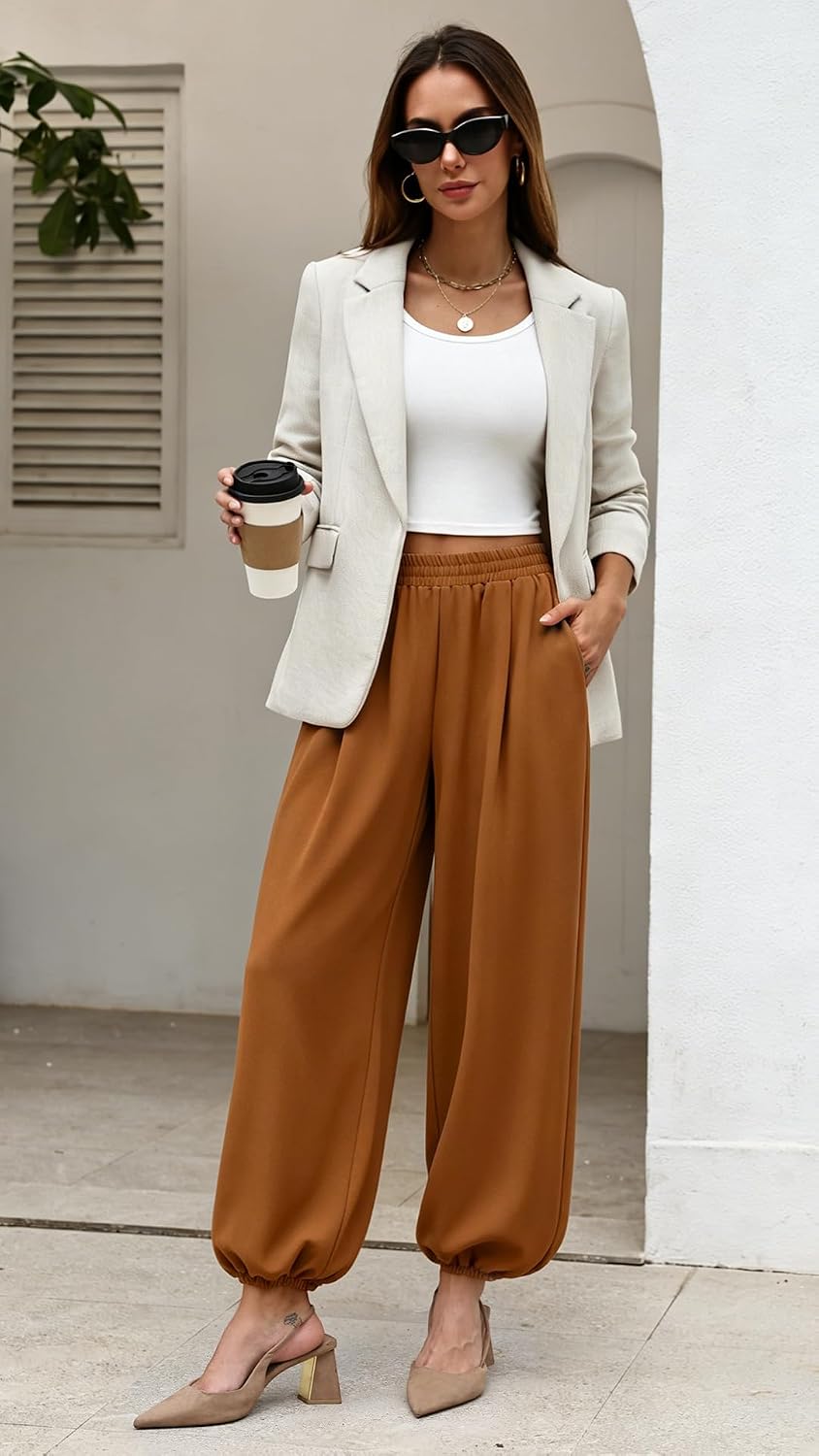 Sampeel Balloon Pants for Women Flowy High Waist Trousers with Pockets image 4