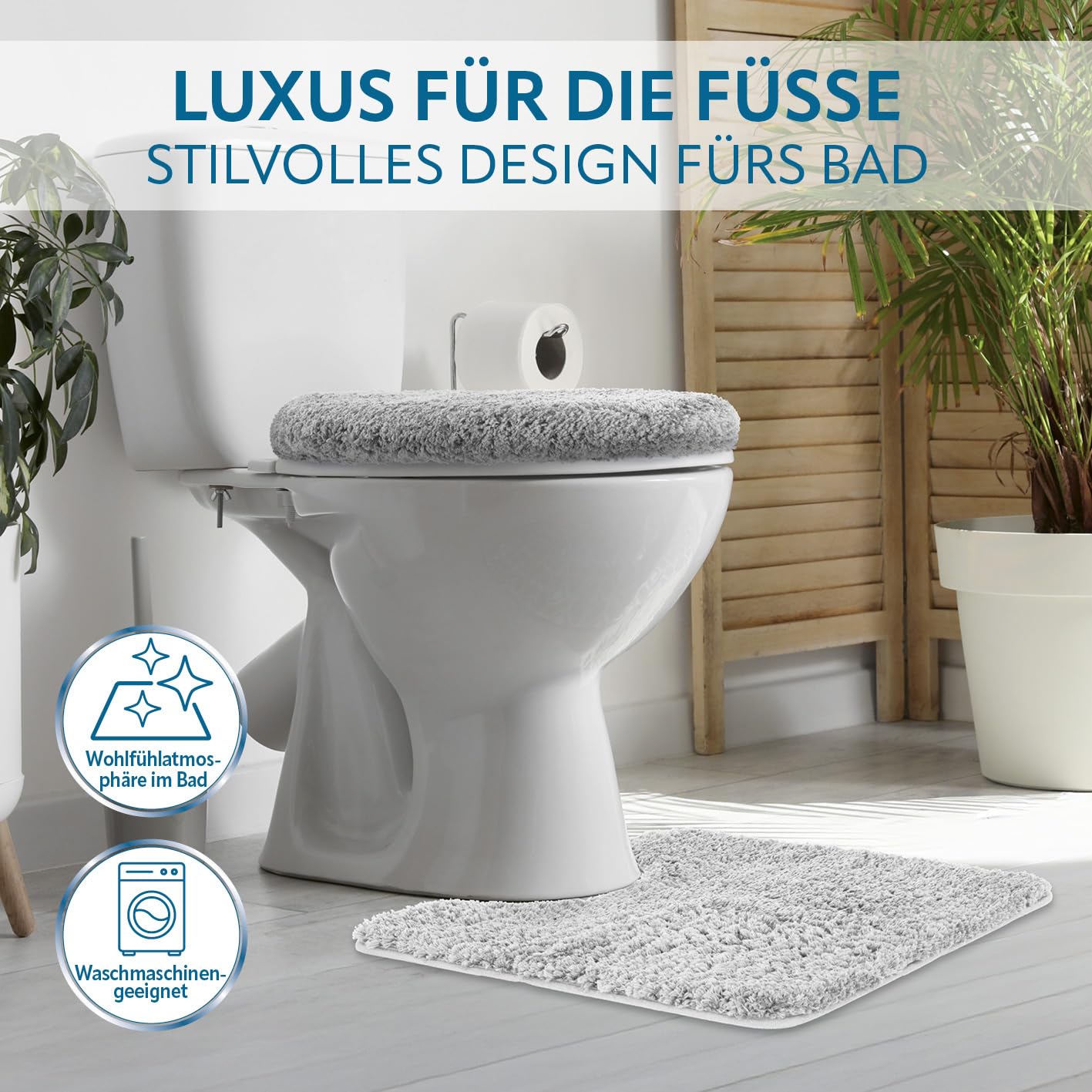 BENKSTEIN WC-Vorleger-Set 2-teilig in hellgrau | weich & rutschhemmend – Badgarnitur mit WC-Vorleger 50x55 cm & Deckelbezug 49x51 cm | flusenfrei & waschmaschinengeeignet | kuscheliger Badteppich
