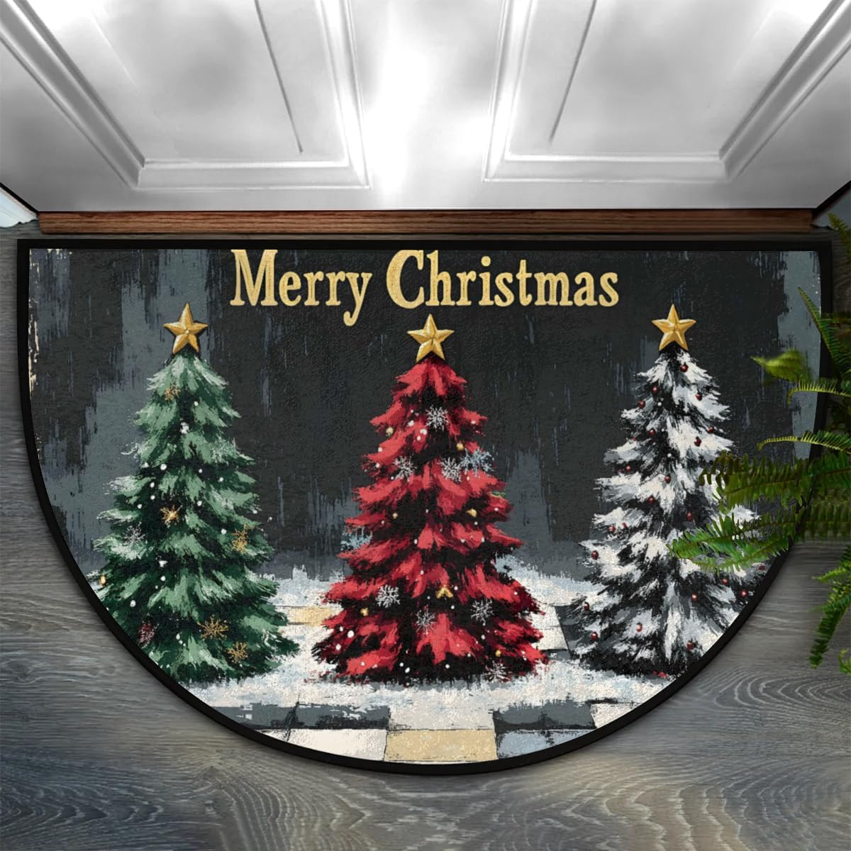 Christmas Tree Half Round Door Mat, Indoor Outdoor Entrance Way Mat, Absorbent Microfiber Welcome Entryway Mat, Washable Inside Front Door Mat, 36''x24'' Red Merry Christmas