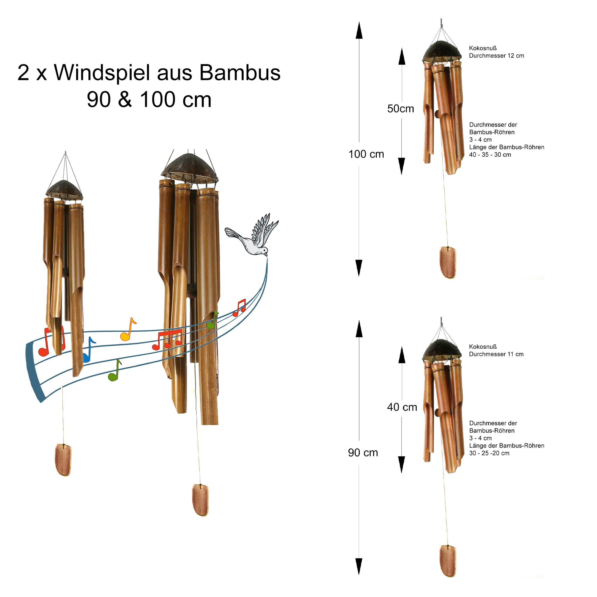 Bambus Windspiel Set 90 + 100 cm aus Bali | 2 handgefertigte Klangspiele aus Naturbambus & Kokosnuss | Wetterfeste hängende Windspiele für draußen, Garten, Balkon & Terrasse