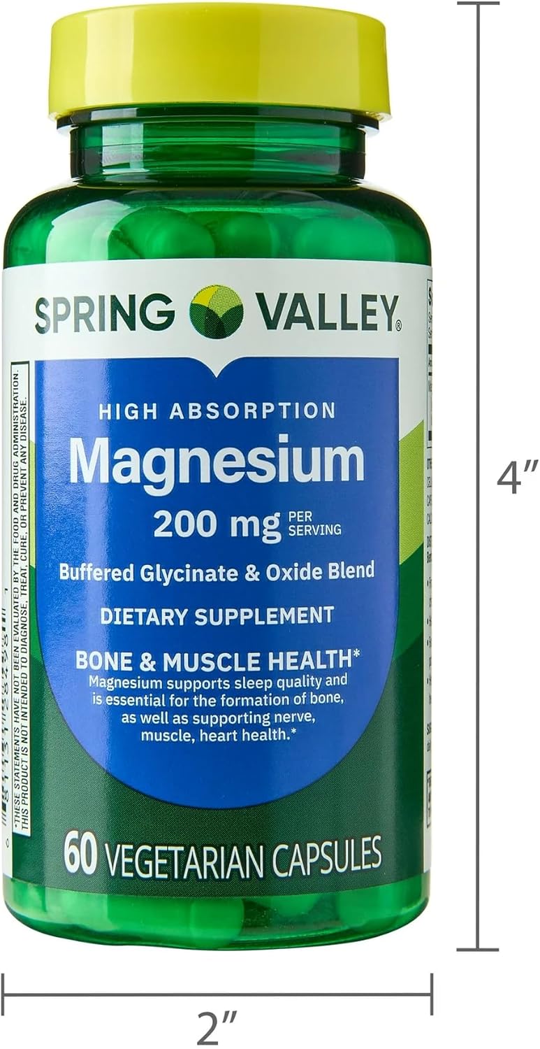 Spring Valley Magnesium Sleep Support Bone & Joint Health Dietary Supplement Vegetarian Capsules, 200 mg, 60 Count + SUREFECT Organizer.