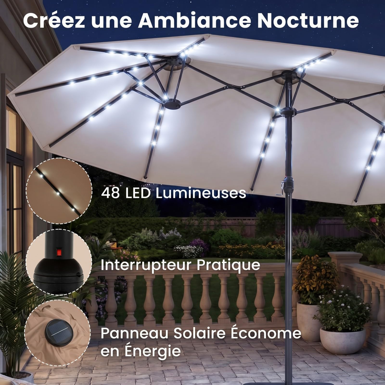 COSTWAY Parasol de Jardin Exterieur Double 4,6 x 2,85 M avec Base Lestée, Grand Parasol Rectangulaire avec 48 LED Solaires, Manivelle, Protection Solaire UV, pour Terrasse, Piscine, Gîte (Beige)